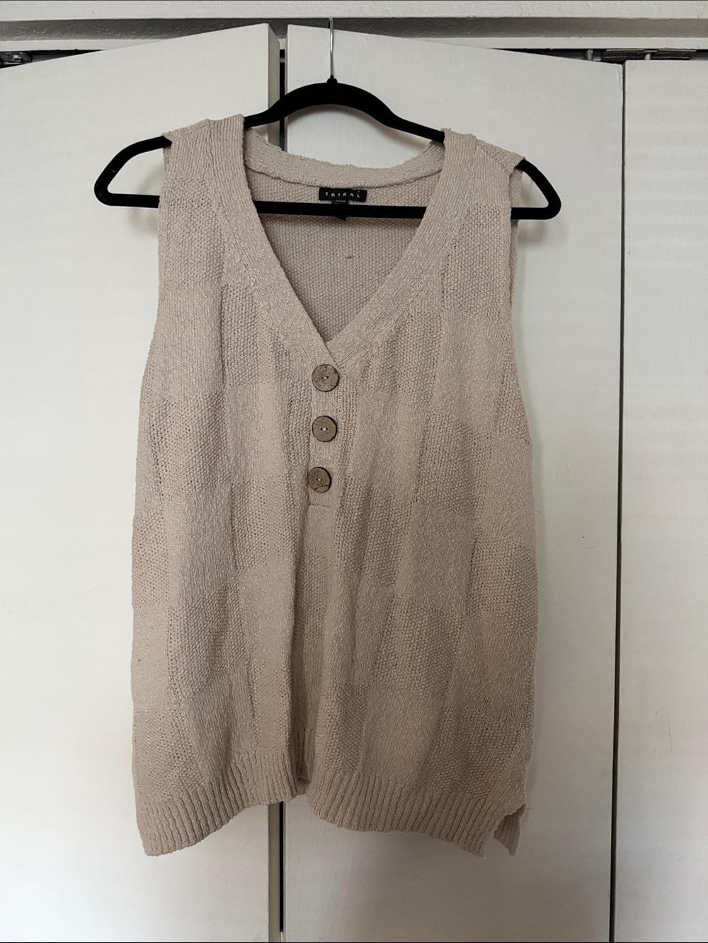 Tribal Beige V-Neck Sleeveless Button Front Sweater Vest